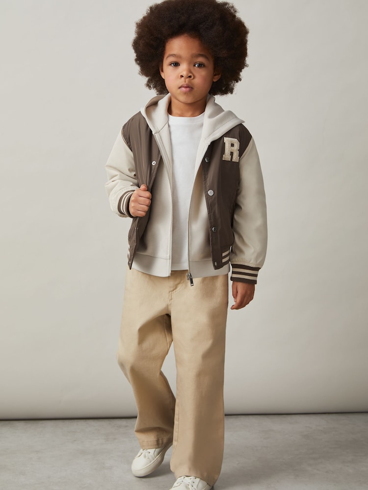 Reiss Mink Brown/Off White Arkan 13-14 yrs Colour-Block Varsity Bomber Jacket - Image 2 of 5 Reiss Mink Brown/Off White Arkan 13-14 yrs Colour-Block Varsity Bomber Jacket - Image 2 of 5
