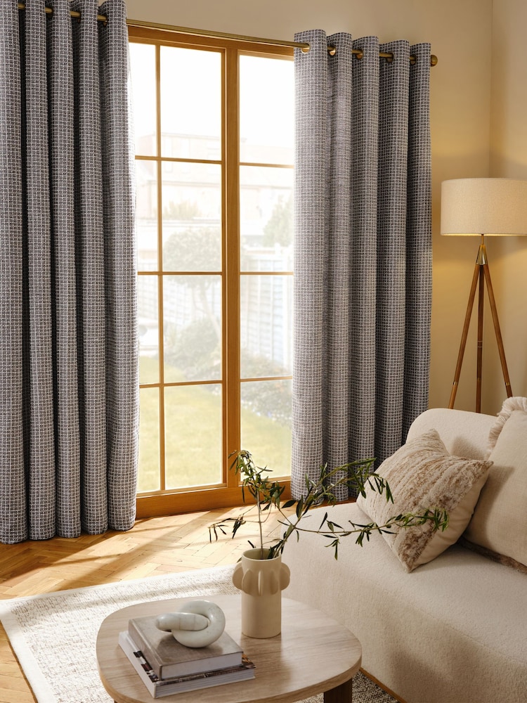 Grey Chunky Textured Check Eyelet Lined Curtains - Image 1 of 5