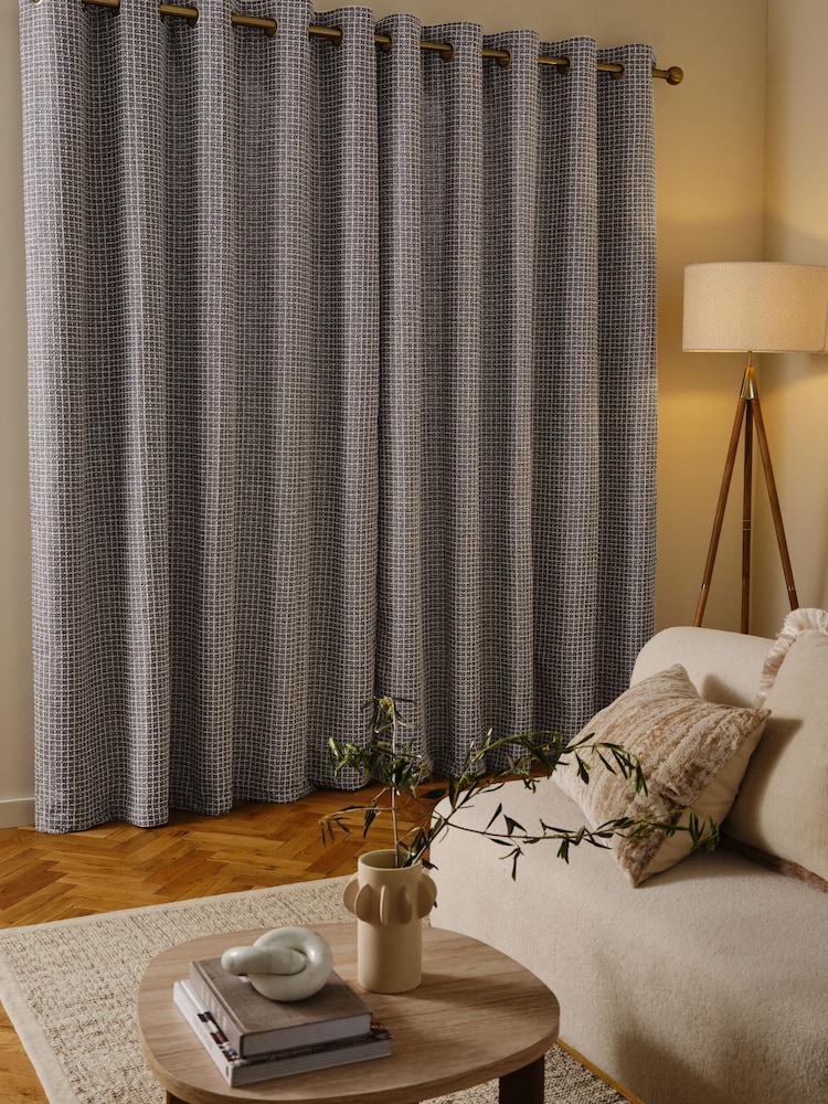 Grey Chunky Textured Check Eyelet Lined Curtains - Image 2 of 5