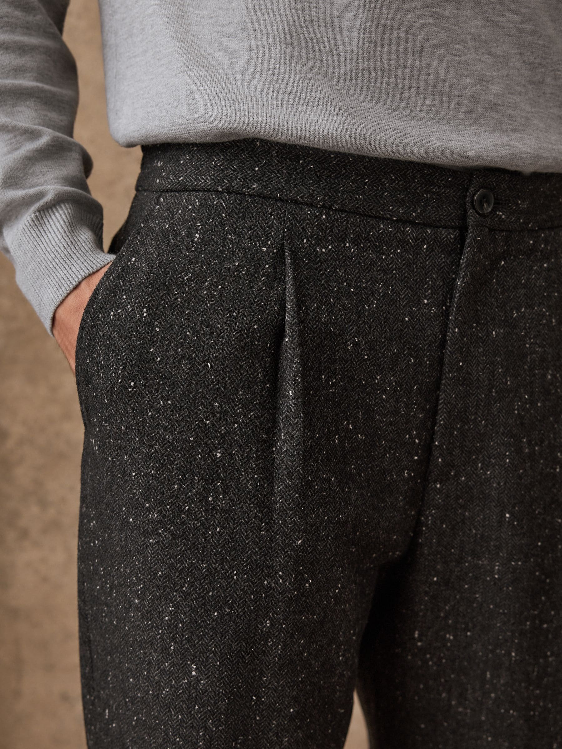 Buy Charcoal Grey Straight Fit Smart Textured Herringbone Trousers