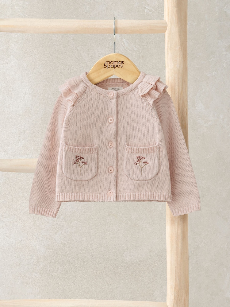Mamas & Papas Pink 100% Cotton Frill Sleeved Cardigan - Image 1 of 3