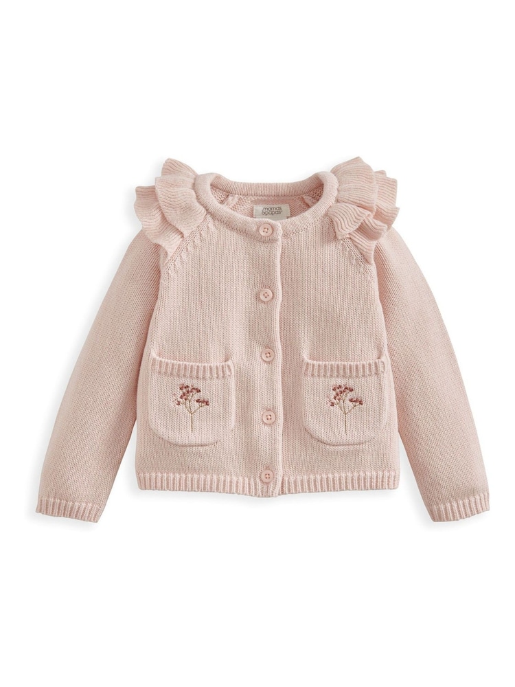 Mamas & Papas Pink 100% Cotton Frill Sleeved Cardigan - Image 2 of 3