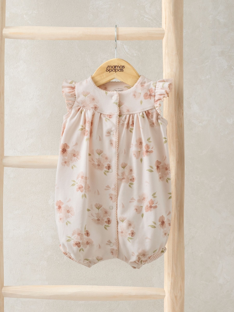 Mamas & Papas Pink 100% Cotton Watercolour Floral Shortie Romper - Image 1 of 3