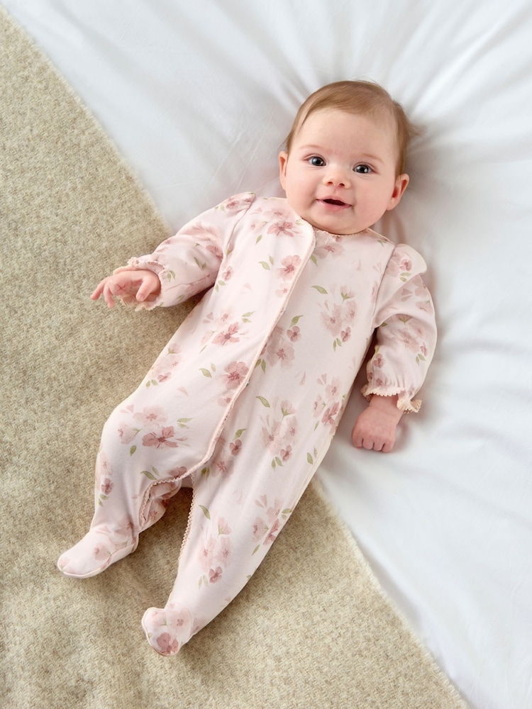 Mamas & Papas Pink Cotton Floral Print Sleepsuit - Image 1 of 8