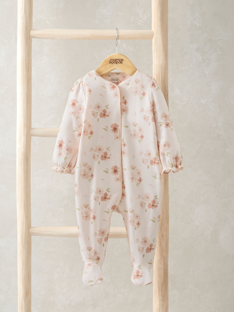 Mamas & Papas Pink 100% Cotton Floral Print Sleepsuit - Imagen 1 de 3