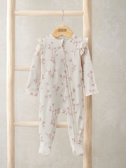 Mamas & Papas Pink 100% Cotton Floral Print Zip Sleepsuit - Image 1 of 3