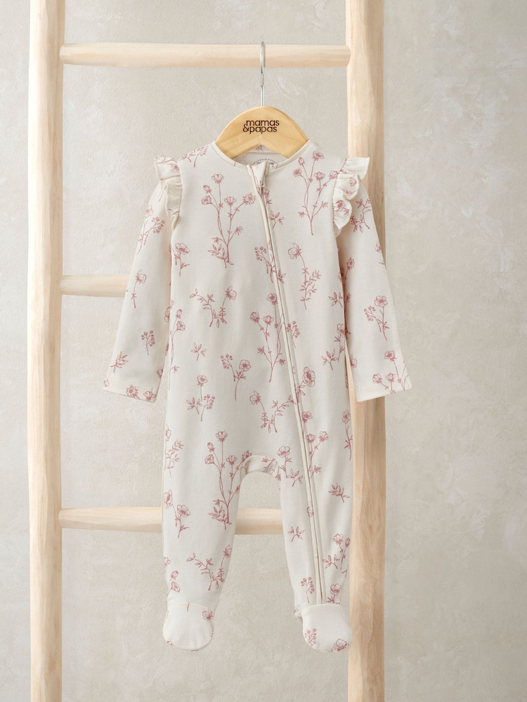 Mamas & Papas Pink 100% Cotton Floral Print Zip Sleepsuit - Image 1 of 3