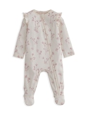 Mamas & Papas Pink 100% Cotton Floral Print Zip Sleepsuit - Image 2 of 3