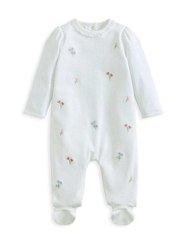 Mamas & Papas 100% Cotton Embroidered Flower White Sleepsuit - Imagen 2 de 3