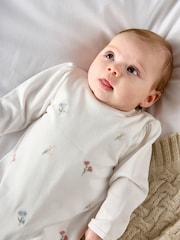 Mamas & Papas White Cotton Embroidered Flower Sleepsuit - Image 4 of 8
