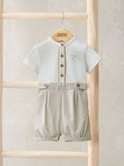 Mamas & Papas – Eid –gestreifter, bestickter Shorty-Strampler, Braun - Bild 1 von 3