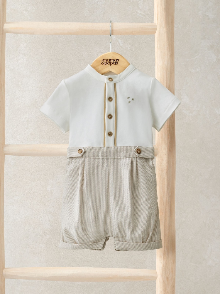 Mamas & Papas – Eid –gestreifter, bestickter Shorty-Strampler, Braun - Bild 1 von 3 Mamas & Papas – Eid –gestreifter, bestickter Shorty-Strampler, Braun - Bild 1 von 3