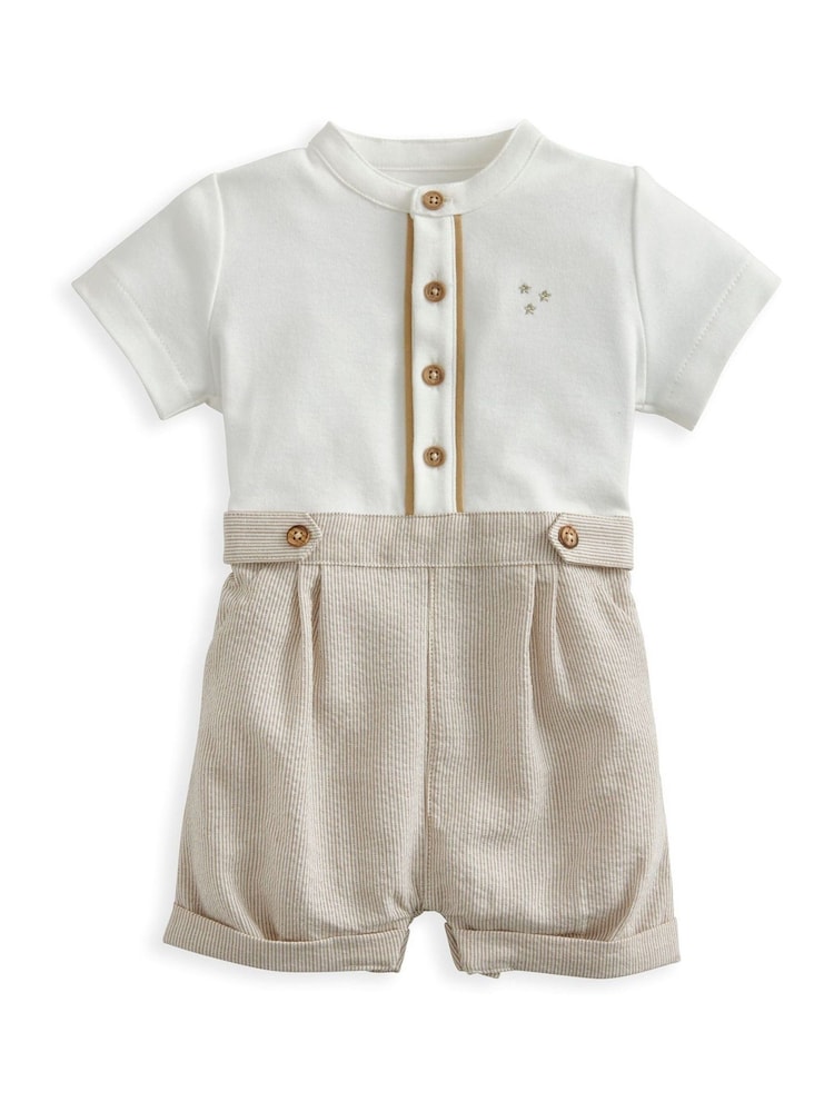 Mamas & Papas – Eid –gestreifter, bestickter Shorty-Strampler, Braun - Bild 2 von 3