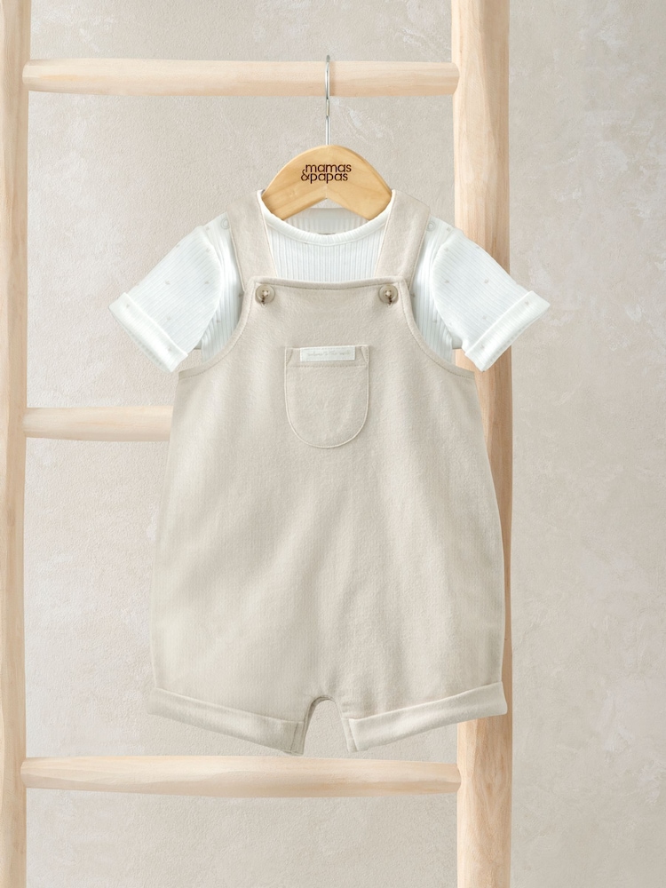 Mamas & Papas Rib Jersey Brown Bodysuit and Shorts Dungaree Set - Imagen 1 de 4