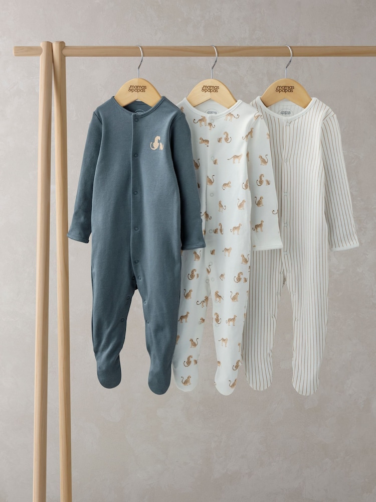 Mamas & Papas Blue 100% Cotton Leopard Print Sleepsuits 3 Pack - Image 1 of 3