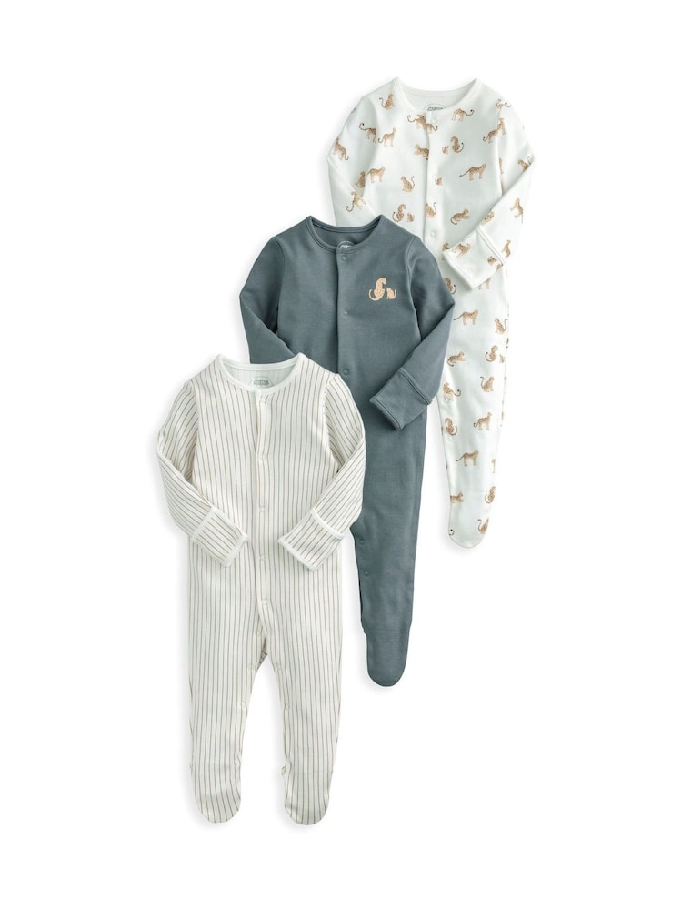 Mamas & Papas Blue 100% Cotton Leopard Print Sleepsuits 3 Pack - Image 2 of 3
