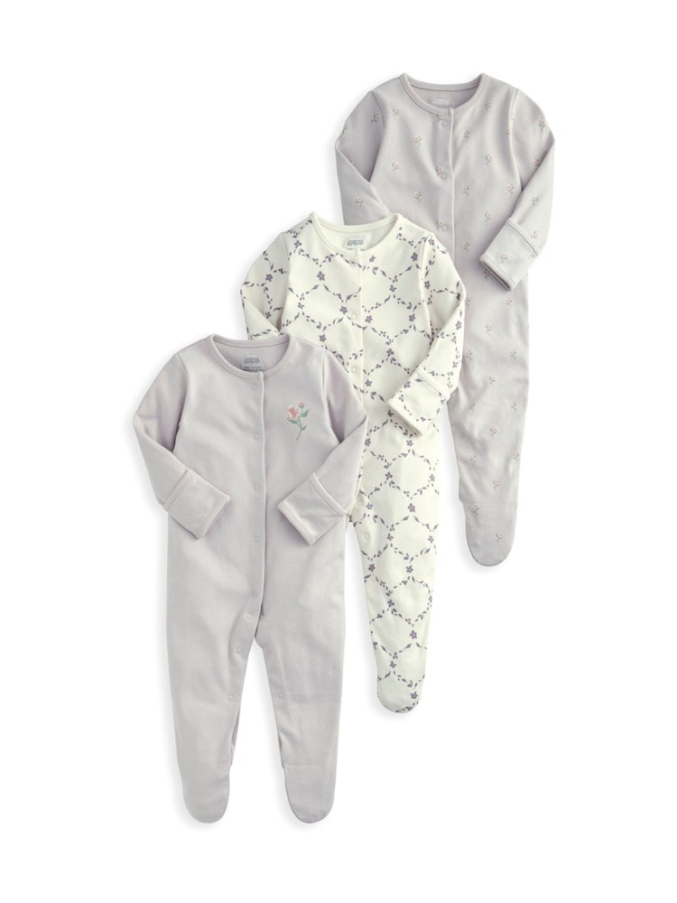 Mamas & Papas Purple 100% Cotton Trellis Print Sleepsuits 3 Pack - Image 1 of 3