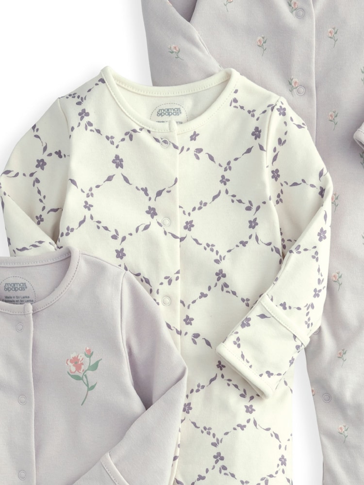 Mamas & Papas Purple 100% Cotton Trellis Print Sleepsuits 3 Pack - Image 3 of 3