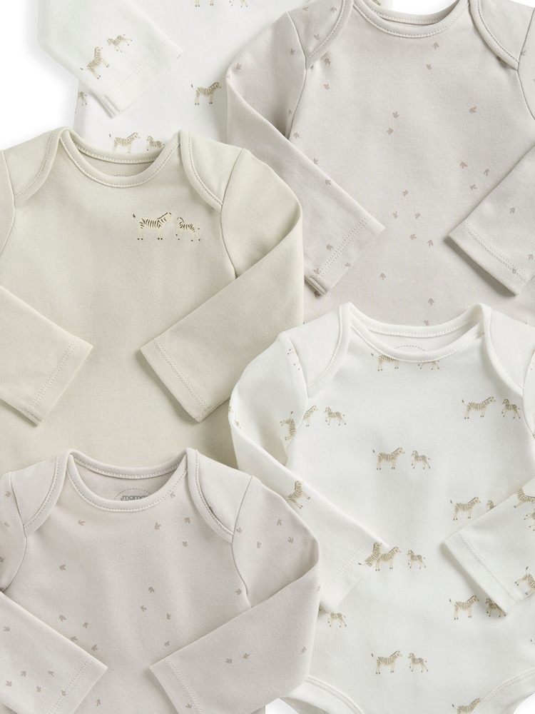 Mamas & Papas Wild Animals Print Long Sleeve 100% Cotton Brown Bodysuits 5 Pack - Image 2 of 2