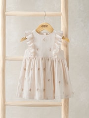 Mamas & Papas Pink Flower Embroidered Frill 100% Cotton Dress - Image 1 of 3