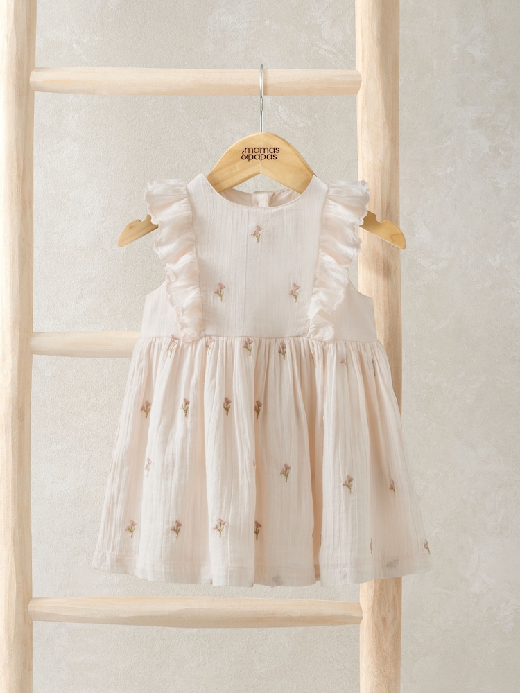 Mamas & Papas Pink Flower Embroidered Frill 100% Cotton Dress - Image 1 of 3