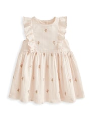 Mamas & Papas Pink Flower Embroidered Frill 100% Cotton Dress - Image 2 of 3