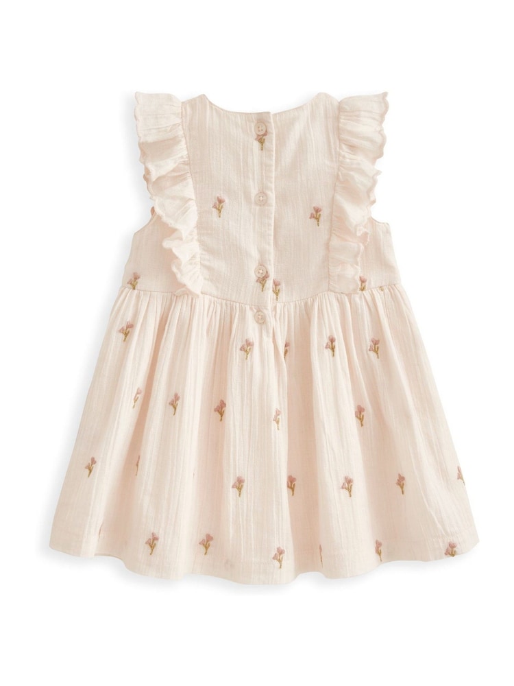 Mamas & Papas Pink Flower Embroidered Frill 100% Cotton Dress - Image 3 of 3