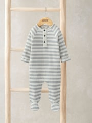 Mamas & Papas Blue Ribbed Stripe 100% Cotton Sleepsuit - Image 1 of 3