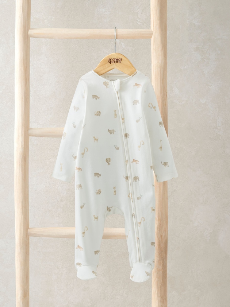 Pijamas tipo pelele de algodón 100 % en color crema con cremallera asimétrica y estampado de safari de Mamas & Papas - Imagen 1 de 3