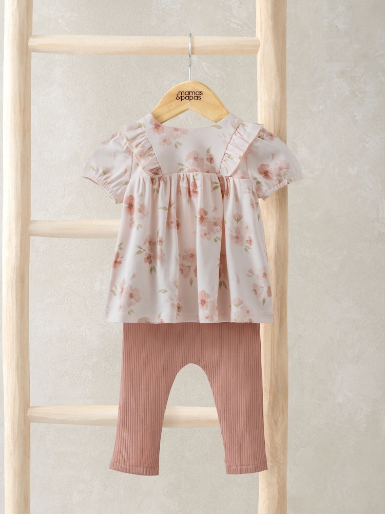 Mamas & Papas Pink Floral Print T-Shirt And Leggings Set - Image 1 of 4