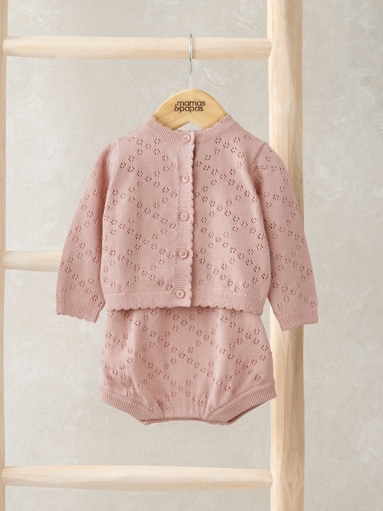 Mamas & Papas Pink 100% Cotton Knitted Romper And Cardigan Set - Image 1 of 5