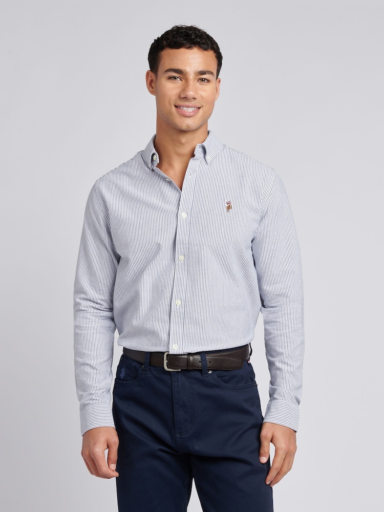 U.S. Polo Assn. Blue Mens Oxford Stripe 100% Cotton Shirt - Image 1 of 6
