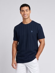 U.S. Polo Assn. Blue Mens Double Horsemen Vertical Stripe Textured 100% Cotton T-Shirt - Image 1 of 7