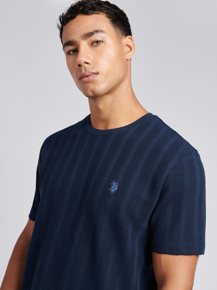 U.S. Polo Assn. Blue Mens Double Horsemen Vertical Stripe Textured 100% Cotton T-Shirt - Image 2 of 7