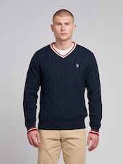 U.S. Polo Assn. Blue Mens Cable Knit Cricket 100% Cotton Jumper - Image 1 of 7