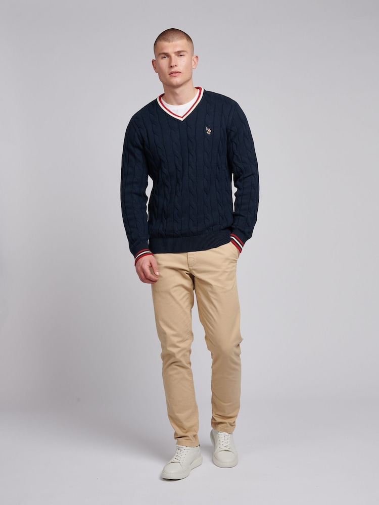 U.S. Polo Assn. Blue Mens Cable Knit Cricket 100% Cotton Jumper - Image 3 of 7