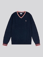 U.S. Polo Assn. Blue Mens Cable Knit Cricket 100% Cotton Jumper - Image 5 of 7