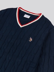 U.S. Polo Assn. Blue Mens Cable Knit Cricket 100% Cotton Jumper - Image 7 of 7
