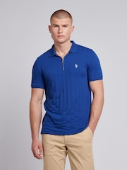 Синий - U.S. Polo Assn Mens Stripe Textured Zip Polo Shirt - Image 1 of 7