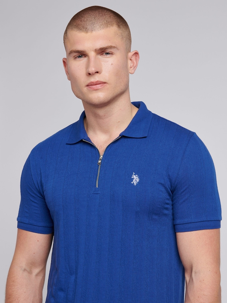 Синий - U.S. Polo Assn Mens Stripe Textured Zip Polo Shirt - Image 2 of 7