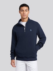 U.S. Polo Assn. Blue Mens Double Horsemen Vertical Texture Funnel 100% Cotton Top - Image 1 of 7