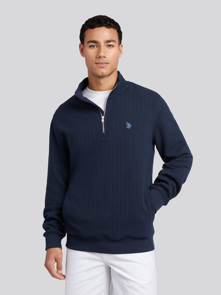 U.S. Polo Assn. Blue Mens Double Horsemen Vertical Texture Funnel 100% Cotton Top - Image 1 of 7