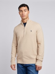 U.S. Polo Assn. Natural Mens Checkerboard Funnel Neck 1/4 Zip Knit Jumper - Image 1 of 9