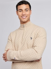 U.S. Polo Assn. Natural Mens Checkerboard Funnel Neck 1/4 Zip Knit Jumper - Image 4 of 9