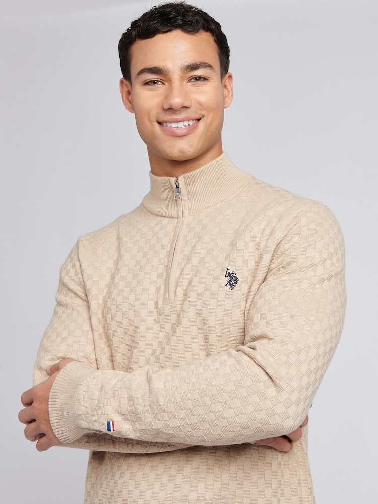 U.S. Polo Assn. Natural Mens Checkerboard Funnel Neck 1/4 Zip Knit Jumper - Image 4 of 9