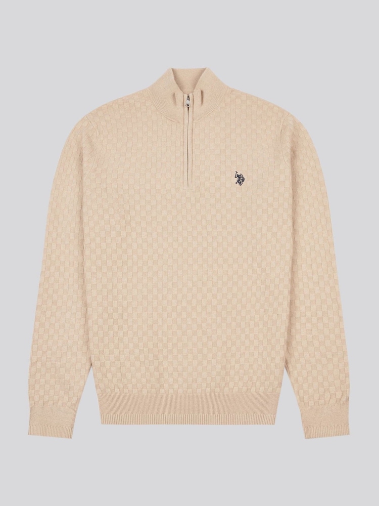 U.S. Polo Assn. Natural Mens Checkerboard Funnel Neck 1/4 Zip Knit Jumper - Image 6 of 9