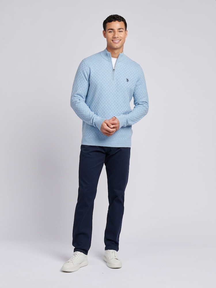 U.S. Polo Assn. Blue Mens Checkerboard Funnel Neck 1/4 Zip Knit Jumper - Image 3 of 8