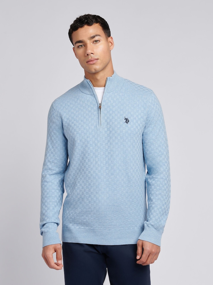 U.S. Polo Assn. Blue Mens Checkerboard Funnel Neck 1/4 Zip Knit Jumper - Image 4 of 8