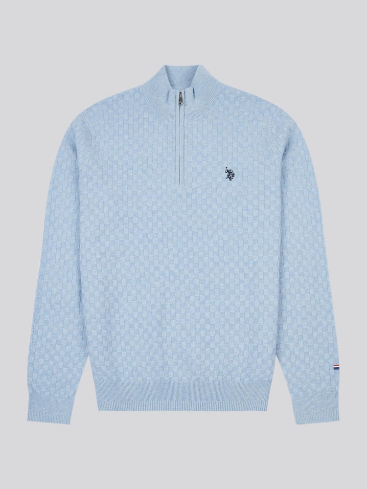 U.S. Polo Assn. Blue Mens Checkerboard Funnel Neck 1/4 Zip Knit Jumper - Image 5 of 8