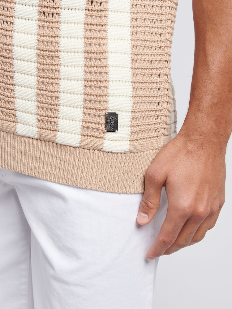 U.S. Polo Assn. Natural Mens Crochet Knit Open Collar 100% Cotton Polo Shirt - Image 2 of 7 U.S. Polo Assn. Natural Mens Crochet Knit Open Collar 100% Cotton Polo Shirt - Image 2 of 7